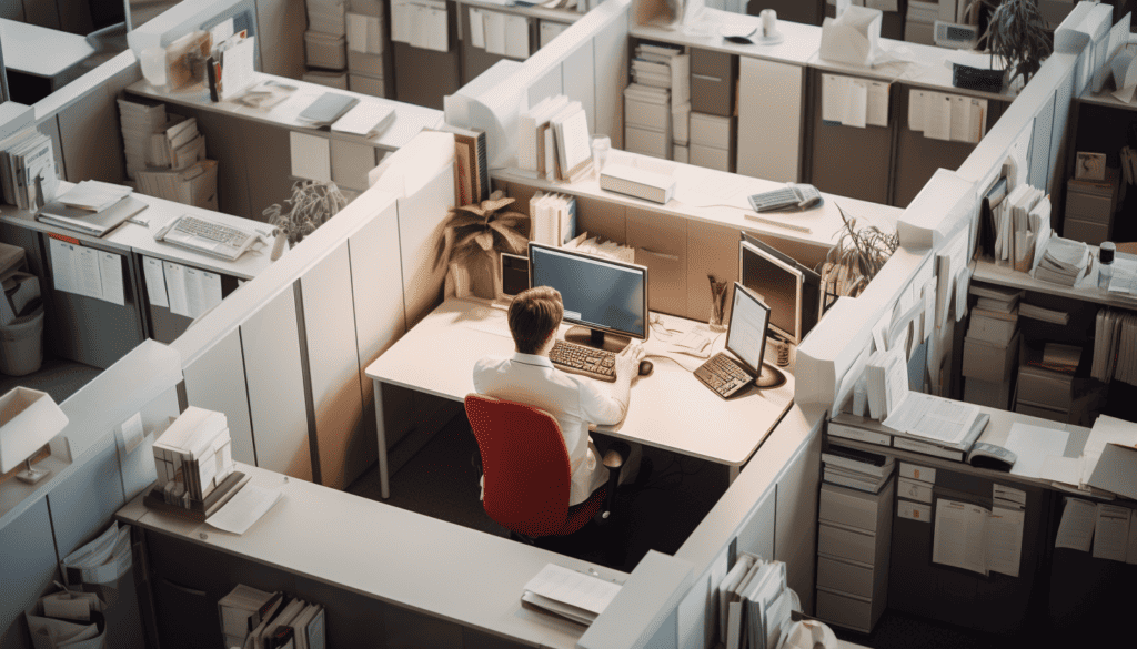 An aerial view of a person at work in a cubicle-filled office