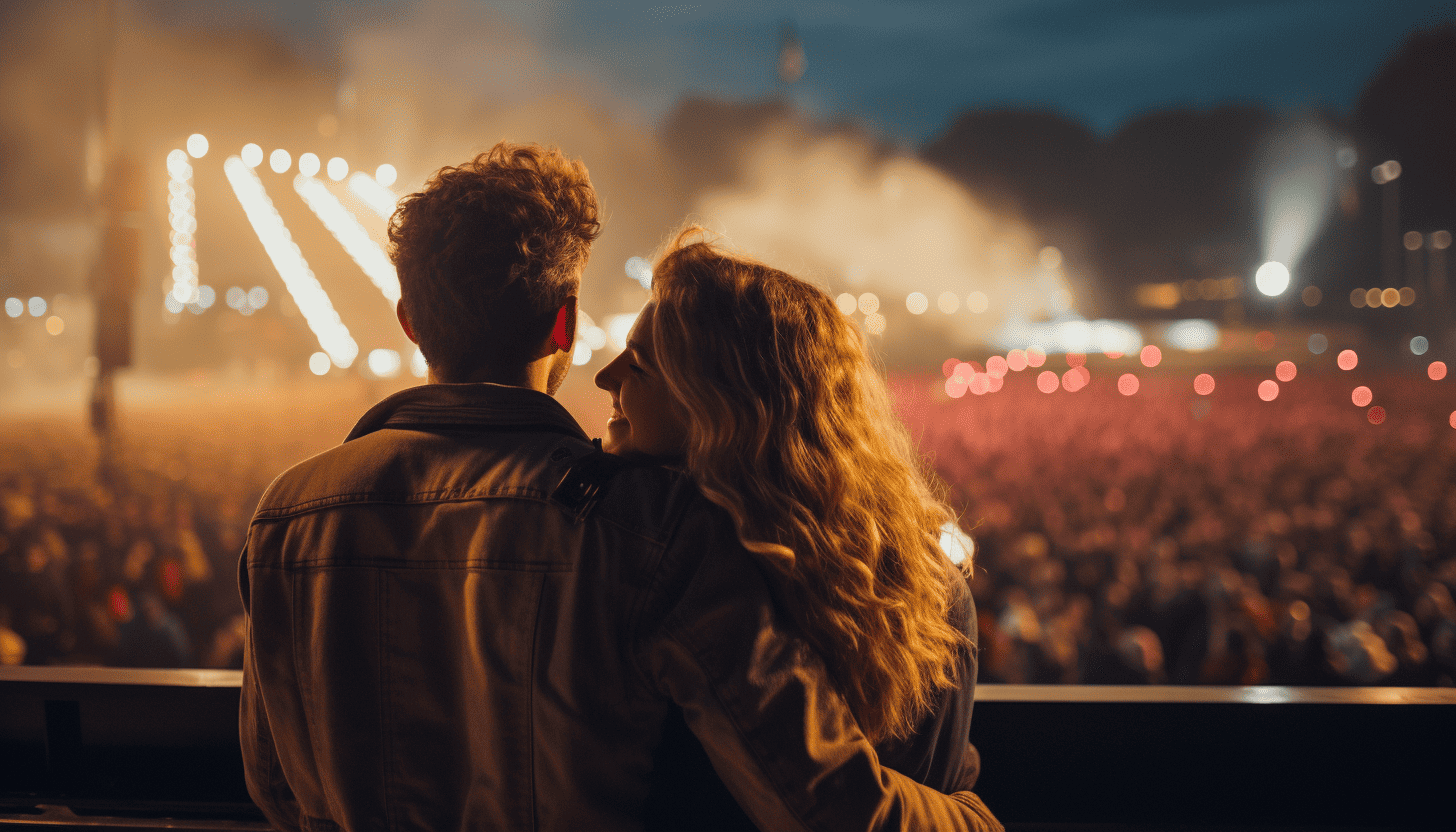 Happy young couple embracing and facing the vibrant stage at an outdoor concert, celebrating a birthday.