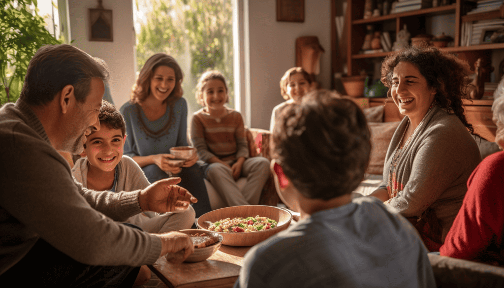 A large family gathered in a living room to tell stories and have a good time.