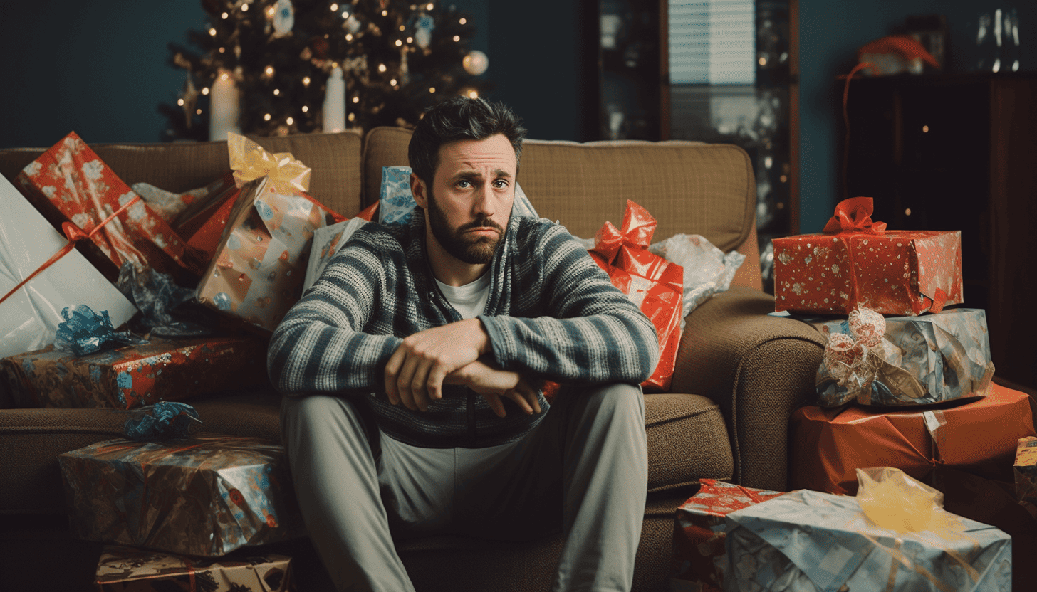 A man sitting on a couch surrounded by hastily wrapped gift packages, wondering how to stop buying gifts for extended family.