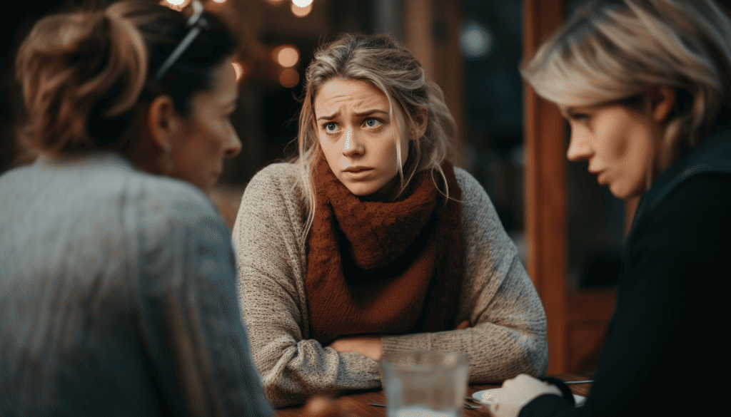 A nervous woman about to discuss ending extended family gift exchanges.