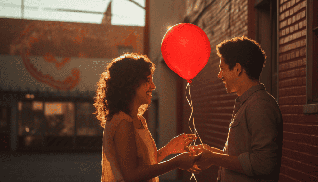 Man handing his girlfriend a red balloon with a message inside–a creative way to wrap an experience gift.