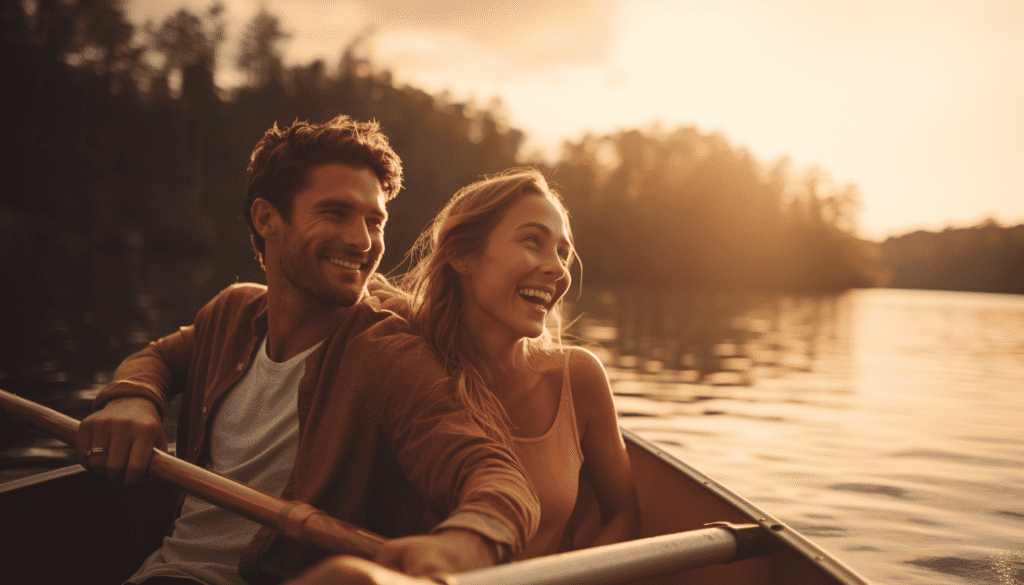 Young couple on a small boat at a serene lake, enjoying a romantic sunset – a fantastic experience gift for their anniversary.