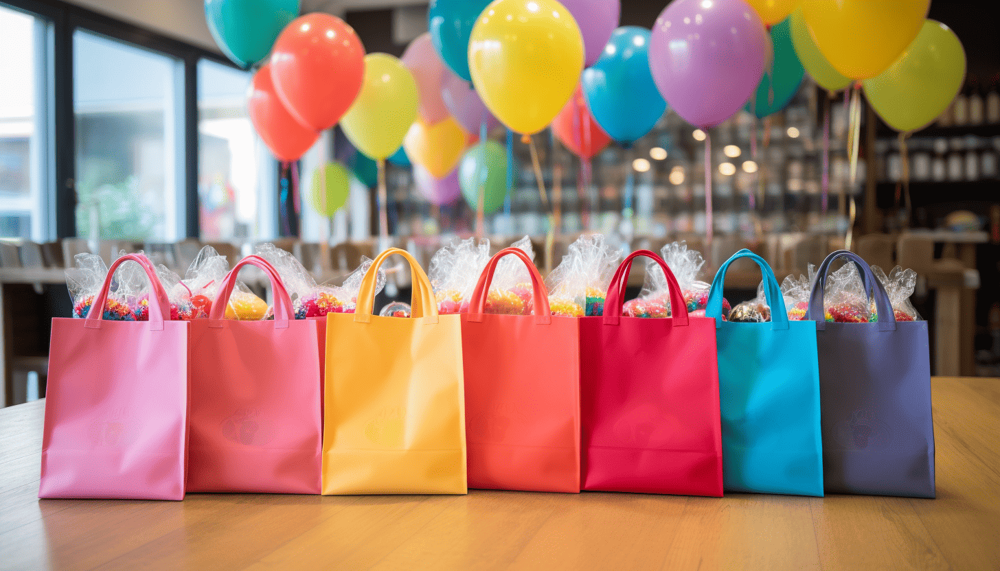 Seven goodie bags of different bright colors waiting to be given out at a birthday party