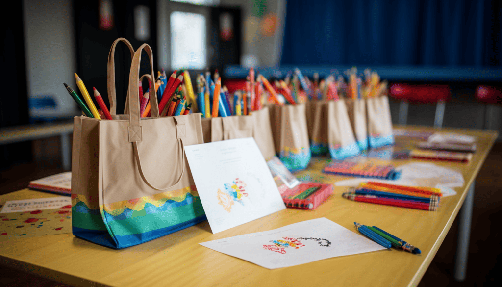 Goodie bags containing colored pencils