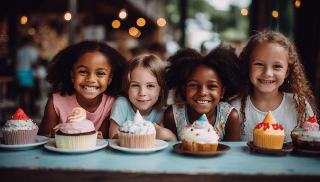 Four elementary school age kids about to devour cupcakes at a birthday party