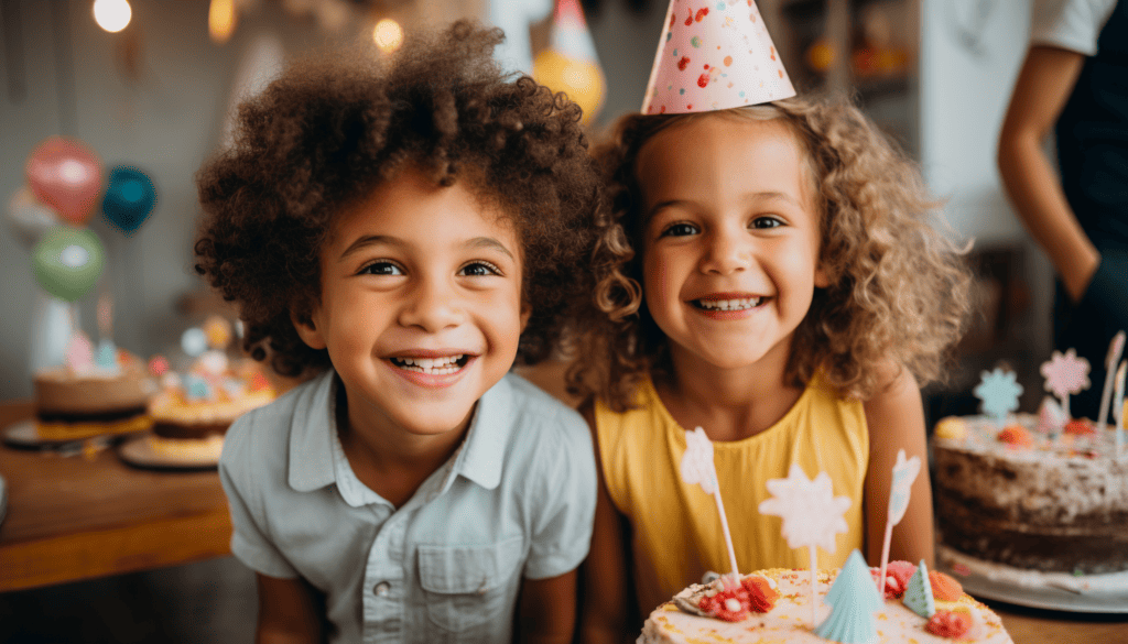 Two kids with curly hair at a birthday party, posing in front of a cake.