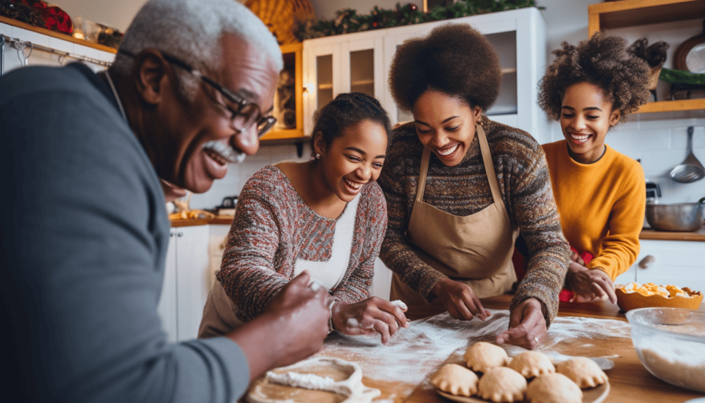 Multi-generational family baking together as a family activity