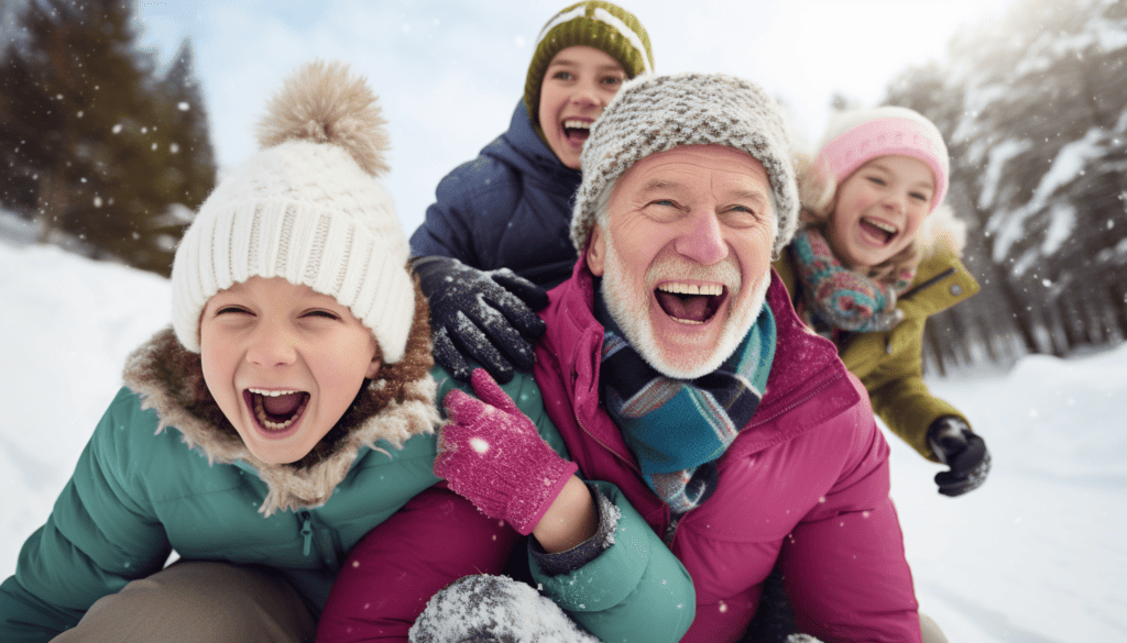 Three grandkids sledding with their grandma and making some lifelong memories