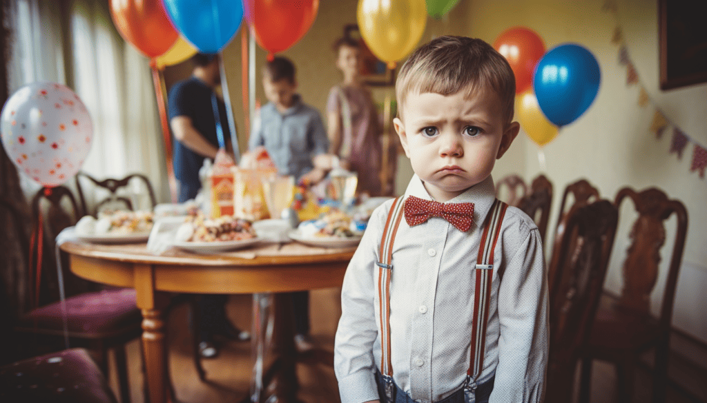 Sad looking child at a birthday party with no goodie bags or party favors