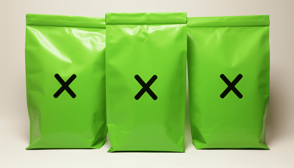 Three bright green goodie bags marked with an X