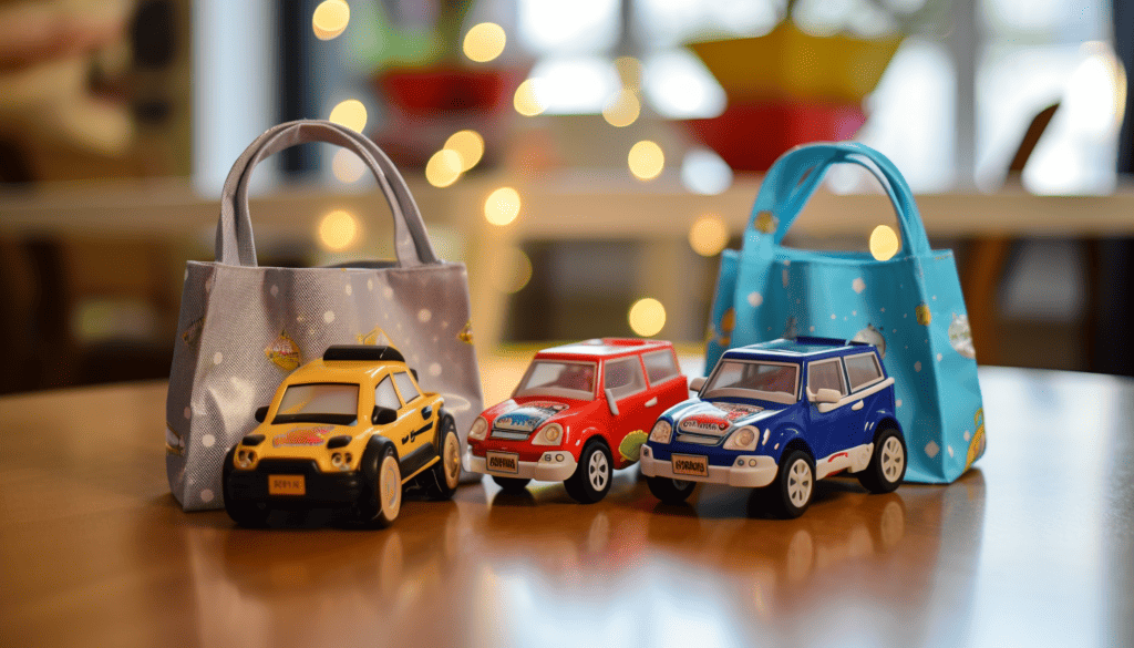 Three small toy cars on a table next to goodie bags