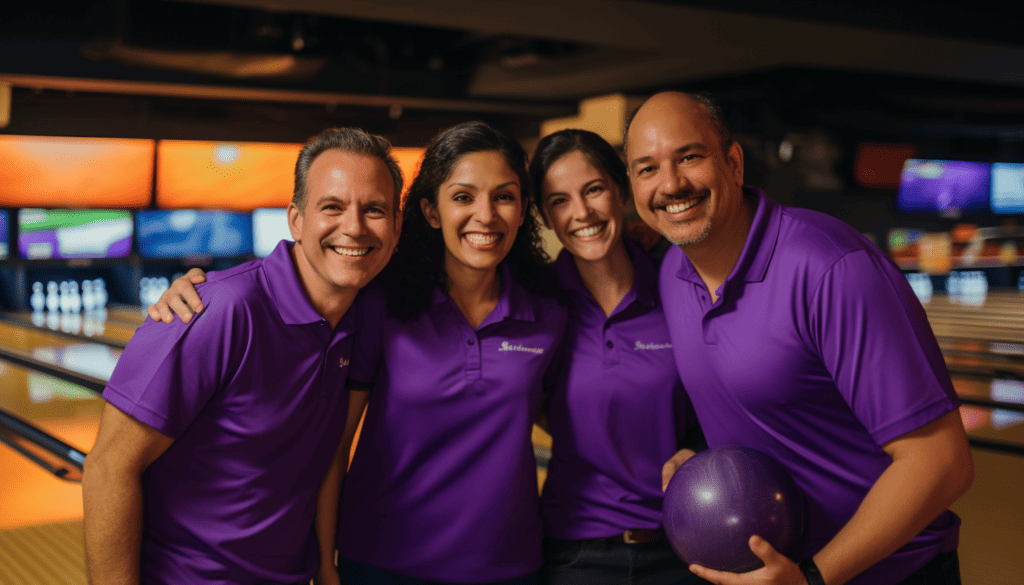 Four people in a bowling league posing in front of the lanes, all wearing matching purple shirts