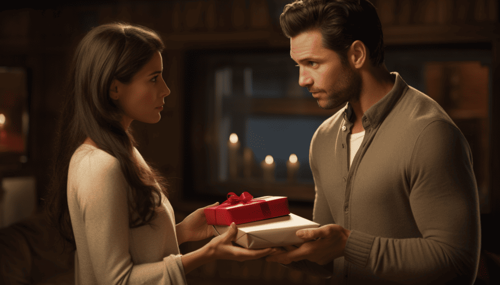 Man handing two gift packages to a young woman, her facial expression uncertain as if she doesn't know what to say