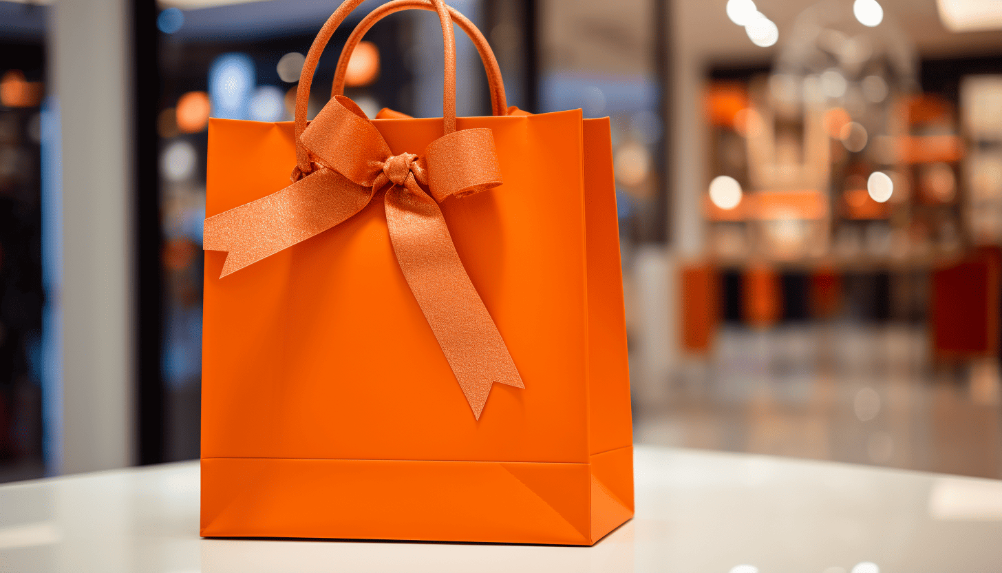 Orange gift bag with bow on a table.