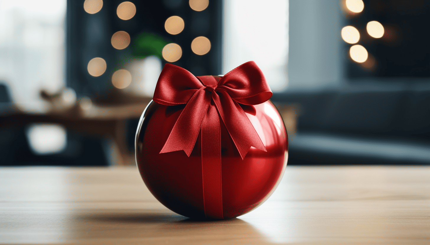 A red bowling ball with a red bow—one of the best gift ideas for a bowler.