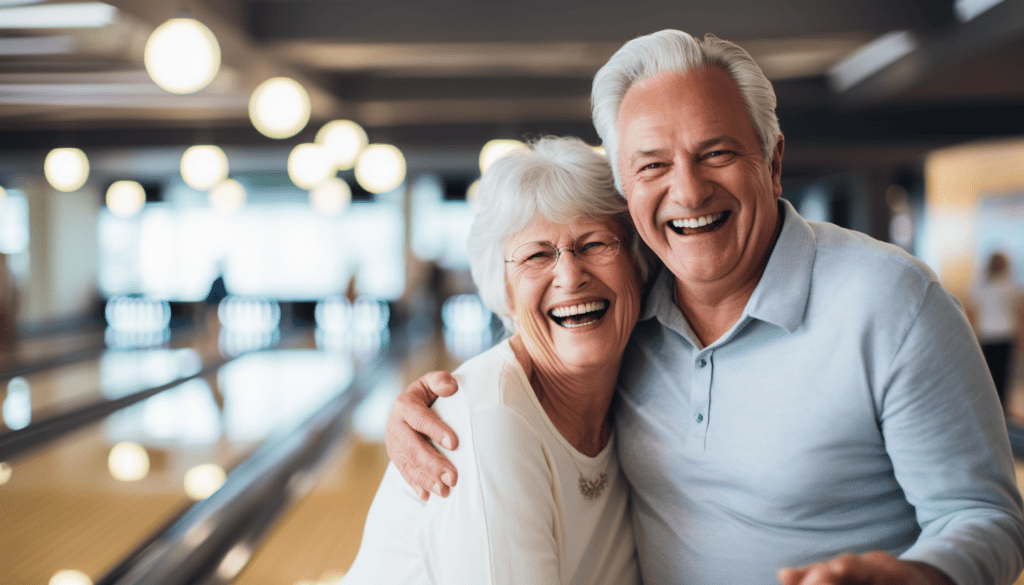 Middle-aged couple in a bowling alley having a laugh.