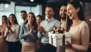Young woman excitedly receiving a wrapped gift from colleagues who contributed to the gift for their coworker.
