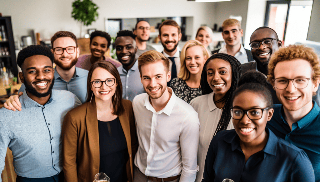 Group of young professionals celebrating their coworker at an office party