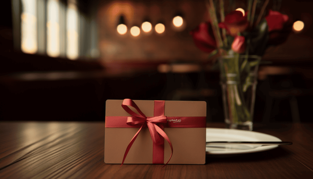 Beautifully wrapped gift card with a red blow, neatly positioned on a dinner table