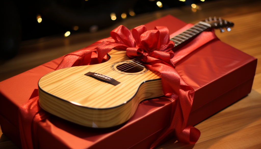 Wooden acoustic guitar wrapped in a red bow on top of a red box ready to gift.