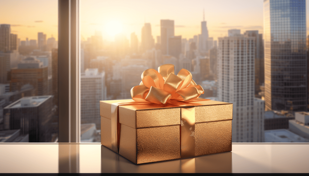 Shiny, gold-colored gift box with skyscrapers in the background sets an expectation for an extravagant gift.