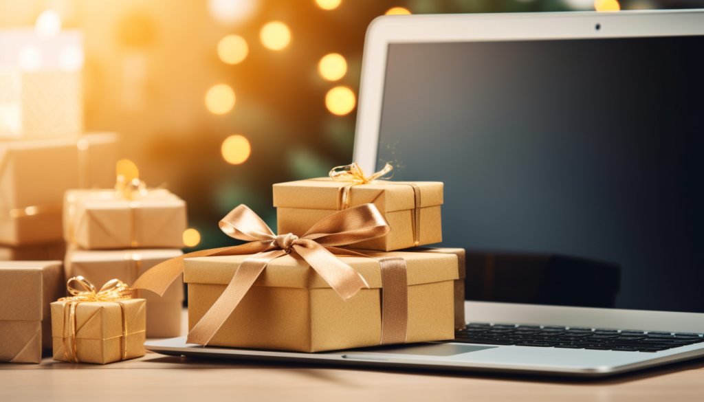 Several gold wrapped presents sit by a laptop in front of a Christmas tree.
