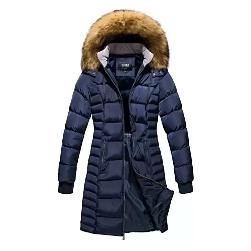 Women's Down Puffer Parka, Mid-Length with Fur Trim, Removable Hood