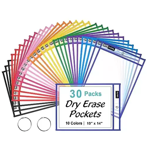 Reusable Dry Erase Pocket Sleeves with 2 Rings, 10 Colors