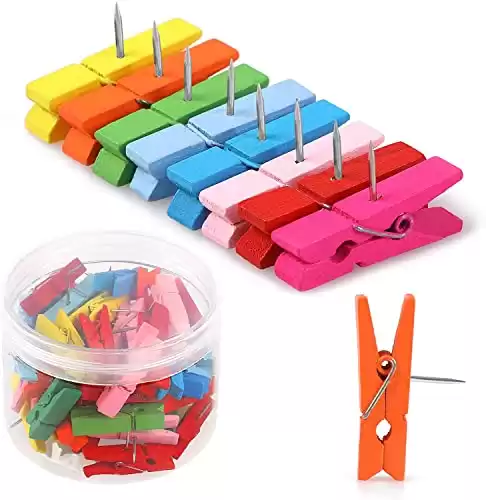 Colorful Wooden Clips with Push Pins, Set of 50