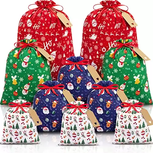 Christmas Themed Cloth Drawstring Gift Bags with Tags, Set of 10
