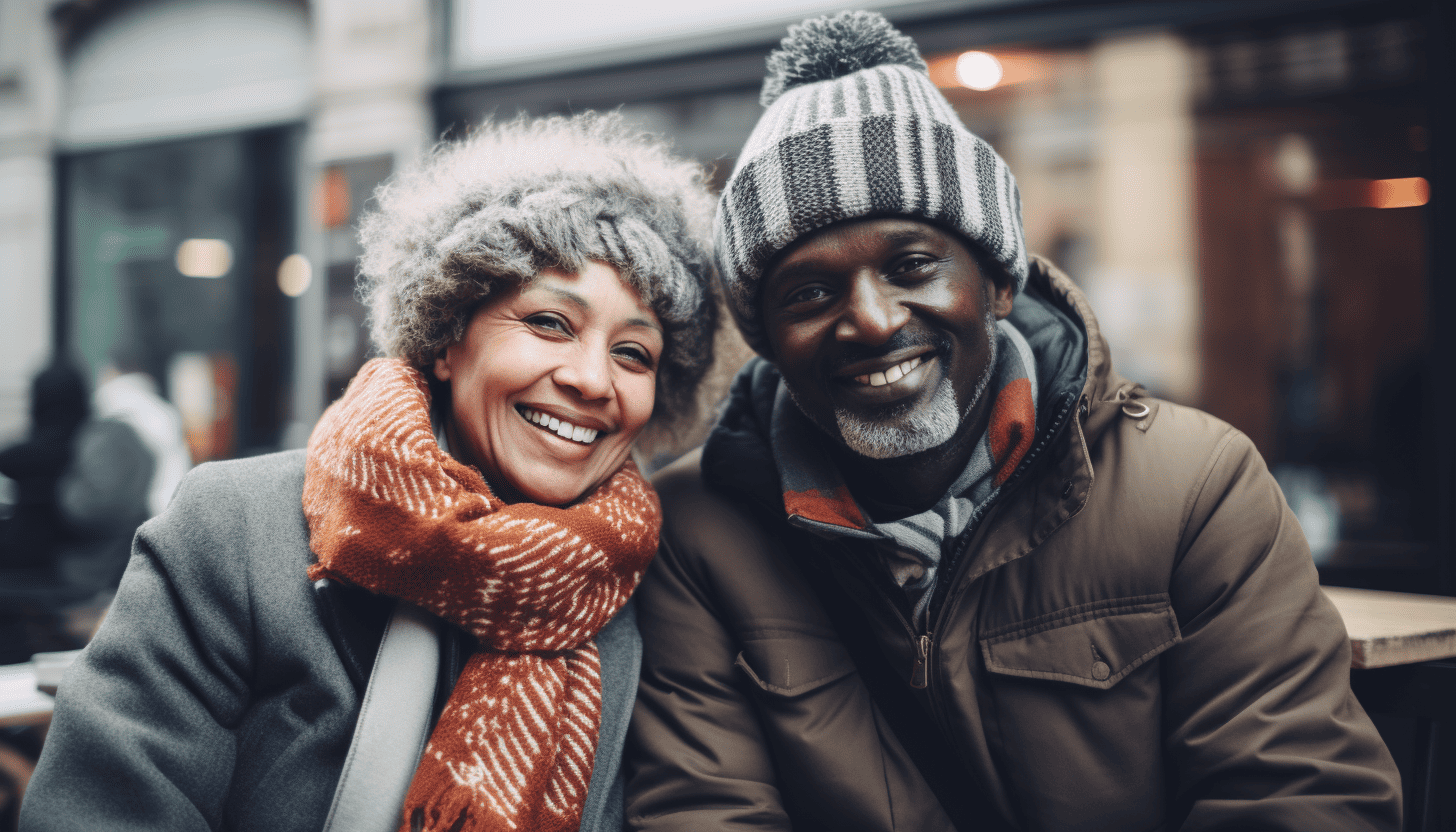 Middle-aged couple in warm coats, scarfs and hats on a chilly day.