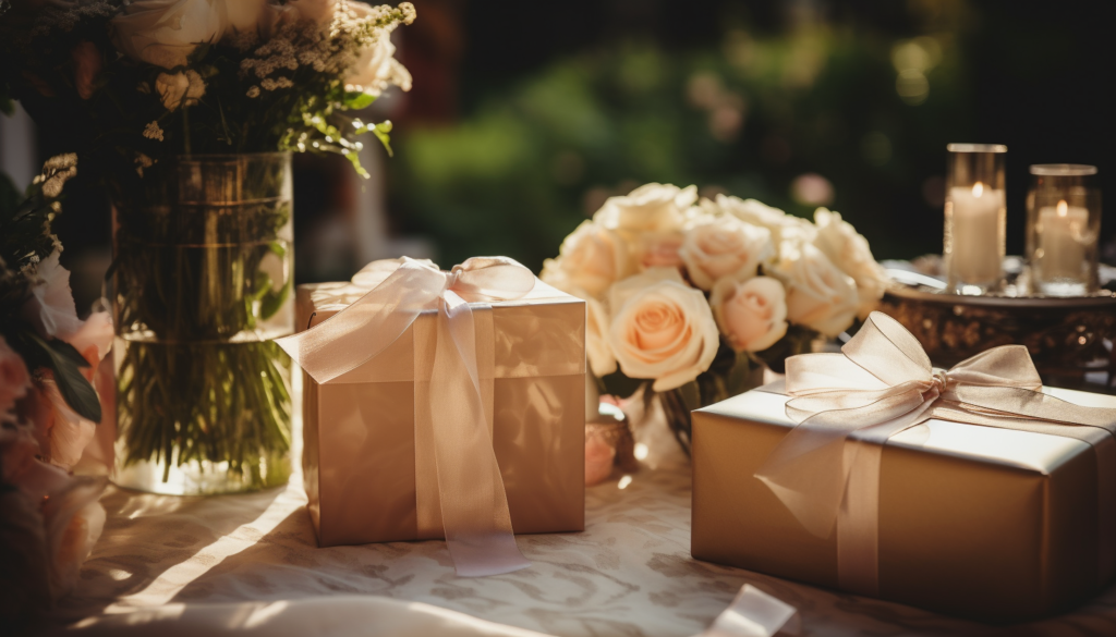 Two cream colored wrapped gifts on a table with bouquets and candles at a wedding.