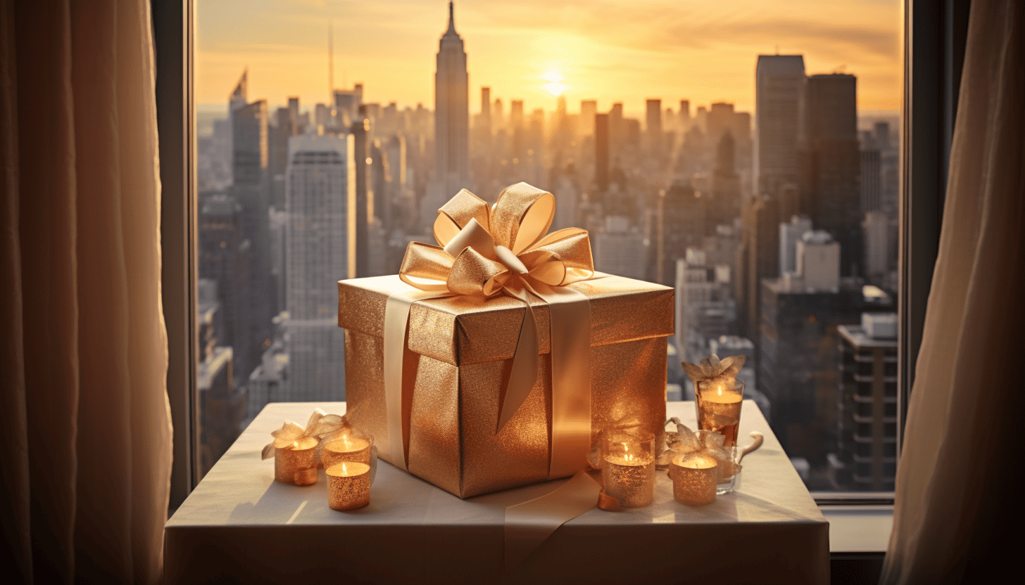 Gold wrapped present on table with candles in front of window looking out onto cityscape.