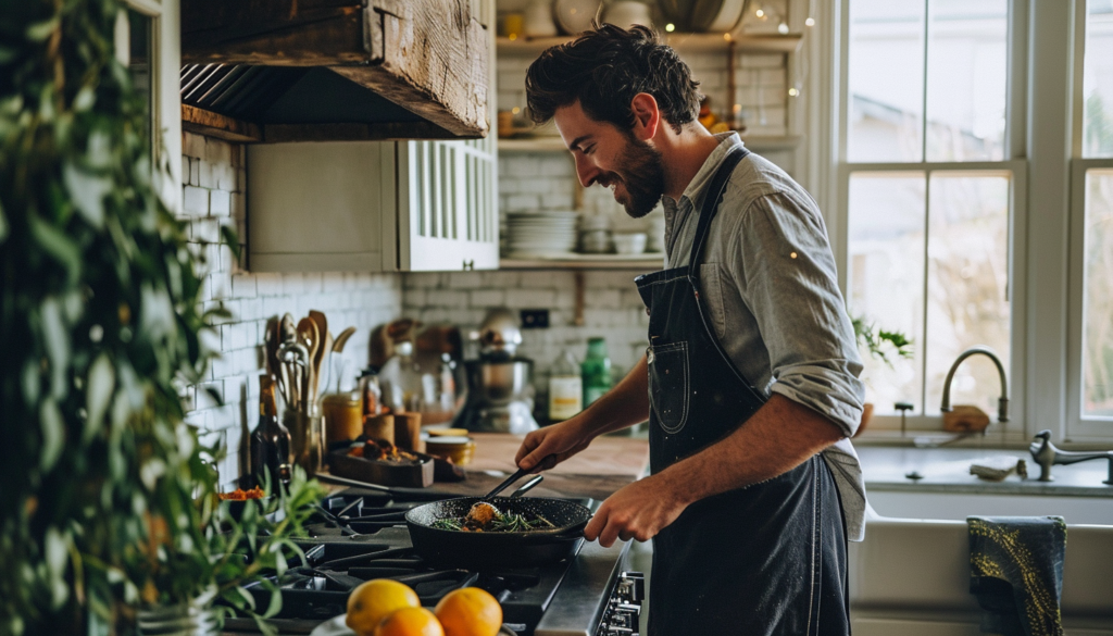 Man wearing an apron cooking in his kitchen.