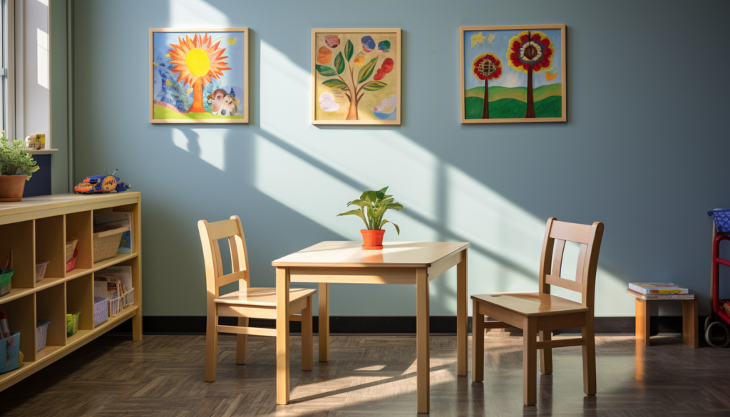 Pediatric speech therapy office containing a table, two chairs, bookshelf and art on walls.