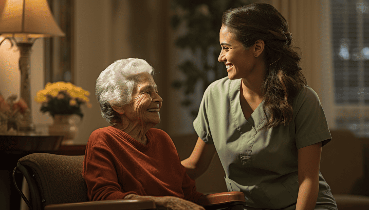 A speech pathologist working with an elderly woman who is sitting in a chair.