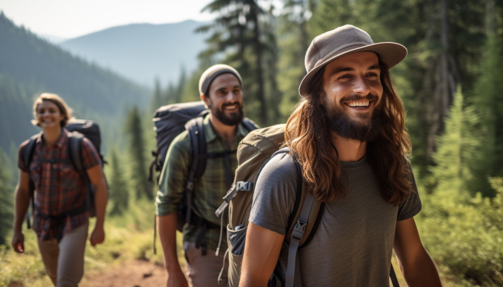 Three friends with hiking backpacks are walking in the woods on a trail.