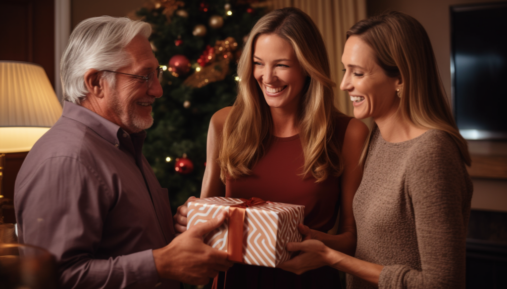 Two daughters give a wrapped present to their father in front of a Christmas tree.