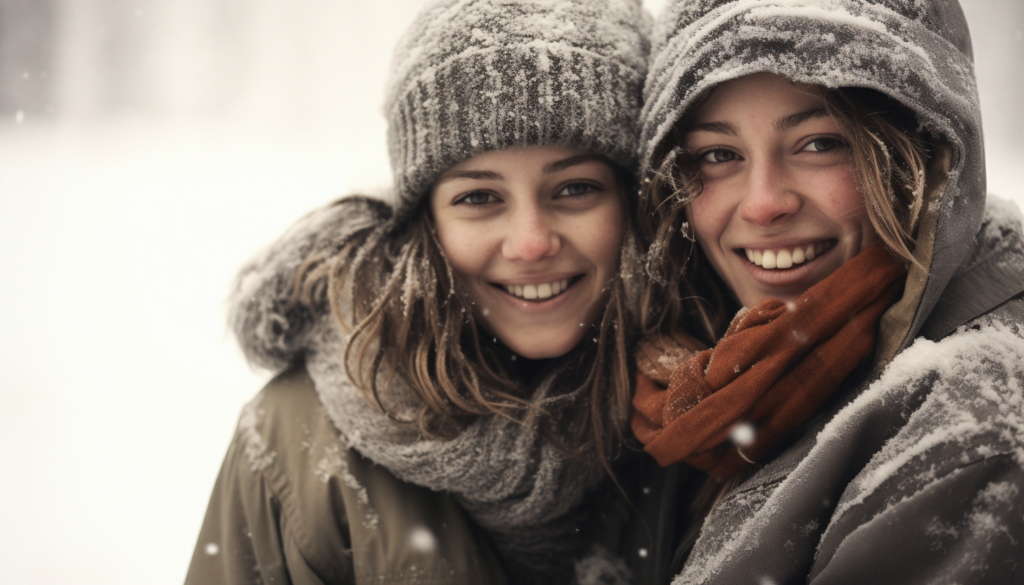 Two girlfriends on a snowy day in warm coats and hats.