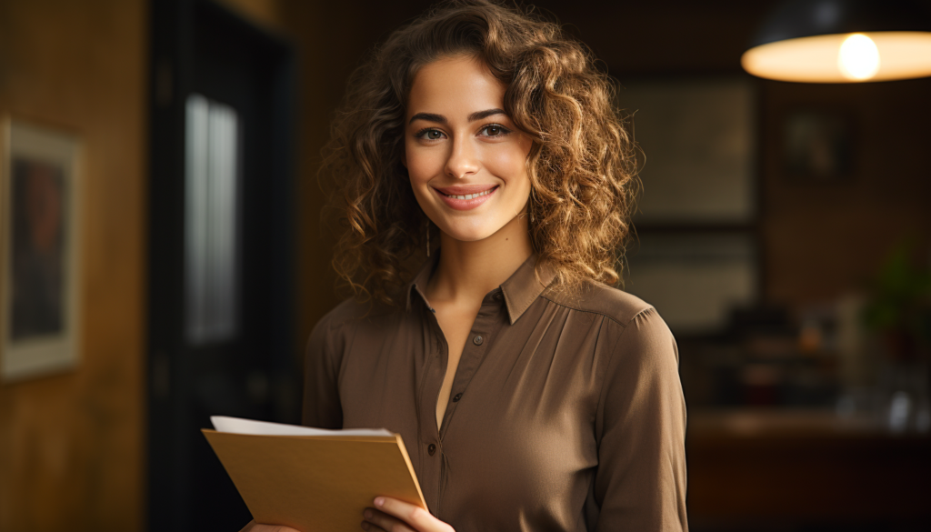 A smiling speech therapist holds papers and walks to a meeting.