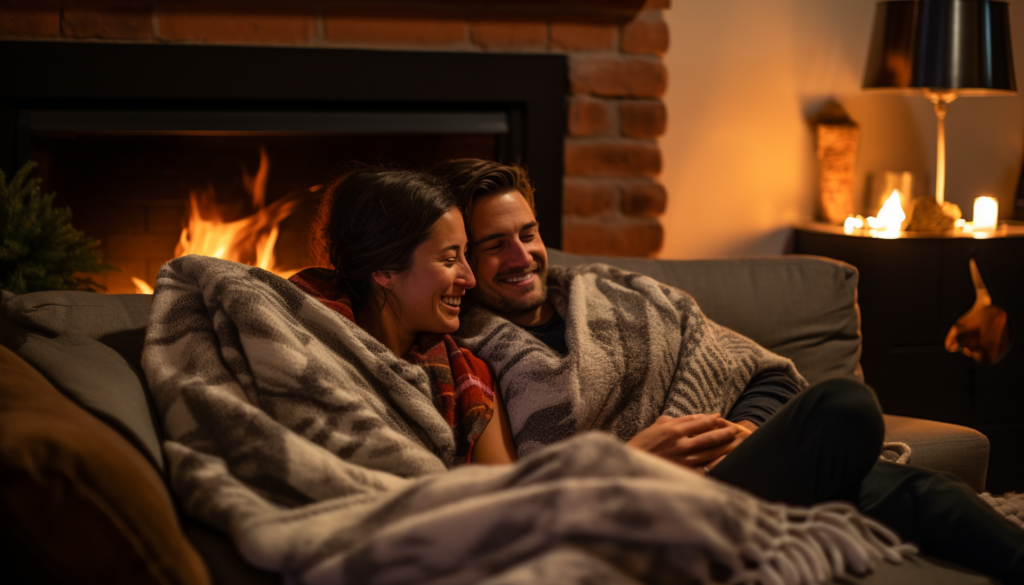 A couple sits on a couch under a blanket with a fireplace behind them.