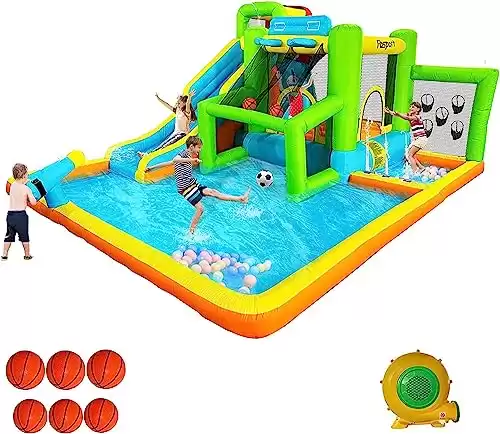 9-in-1 Inflatable Bounce House with Water Slide, Water Gun, Splash Pool and 550W Blower