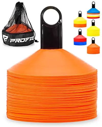 50 Agility Soccer Cones with Carry Bag and Holder, Includes Drills Book