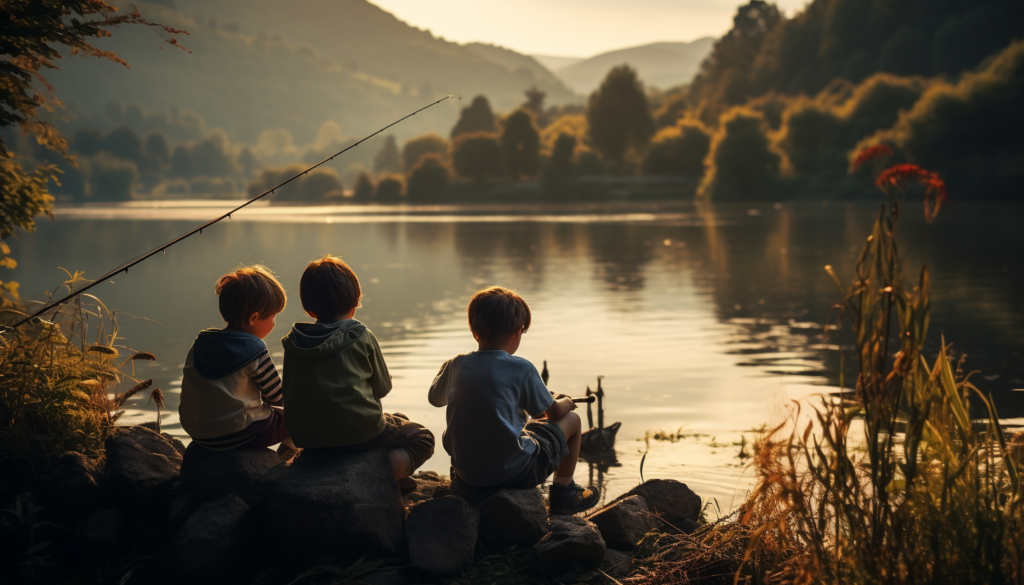 Three kids fishing at a pond—a fishing rod and tackle box make the perfect outdoor gift for summer.