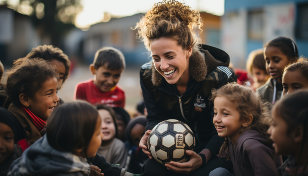 A group of kids huddles around their coach as she holds a black and white soccer ball.