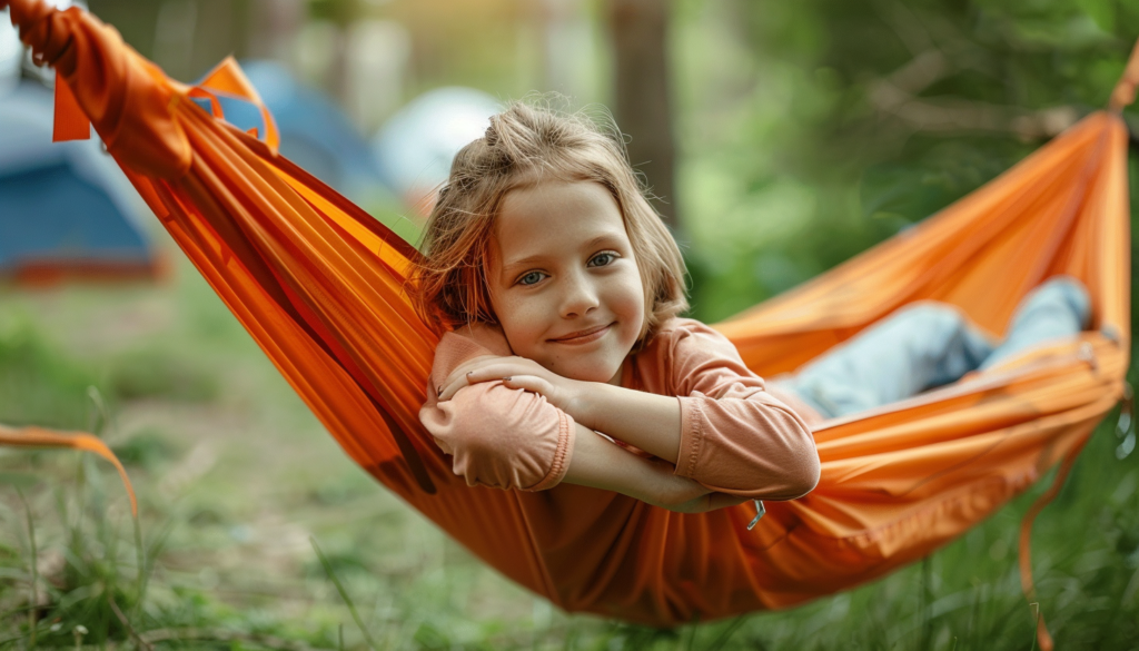Girl smiling and lying on a hammock, one of the best outdoor gifts for kids who love the outdoors.