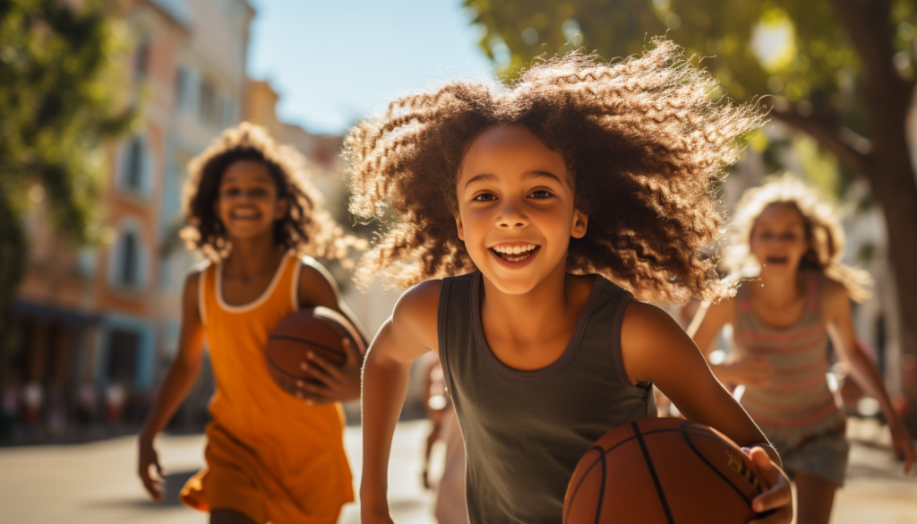 Three girls running to play basketball outside.
