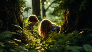 Two 6 to 8-year-old kids in the forest catching bugs—a perfect backdrop for outdoor gifts.