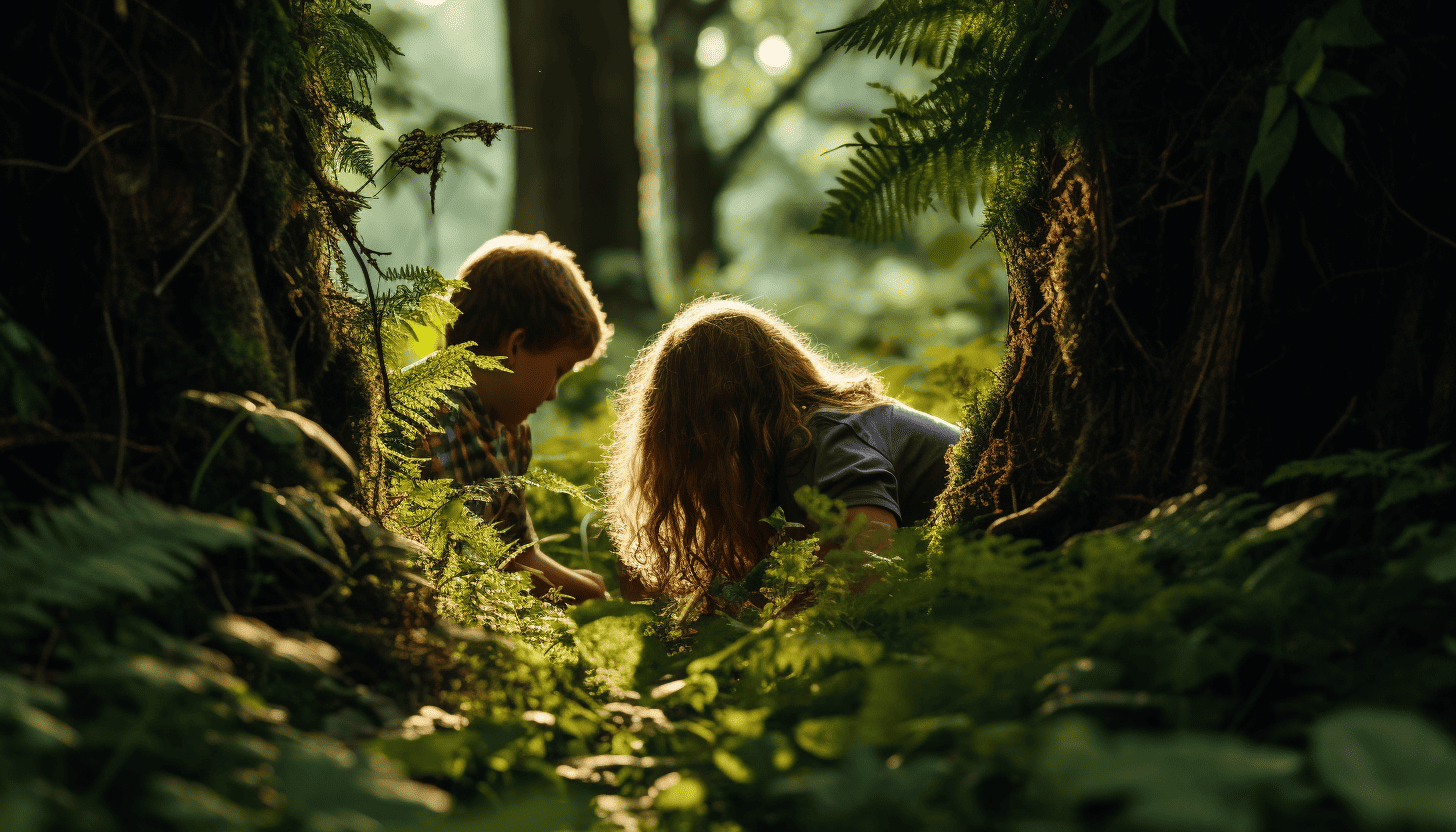 Two 6 to 8-year-old kids in the forest catching bugs—a perfect backdrop for outdoor gifts.